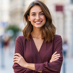 Fototapeta premium Young happy pretty smiling professional business woman, happy confident positive female entrepreneur standing outdoor on street arms crossed, looking at camera, 