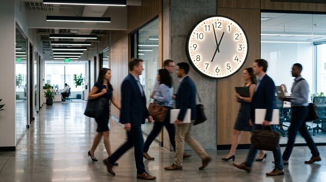people passing large clock modern corporate hallway workday motion
