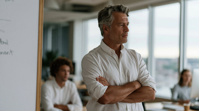 Senior knowledge management consultant standing at a whiteboard in a near-empty open office, enterprise taxonomy diagram half-drawn, a single junior analyst watching intently,