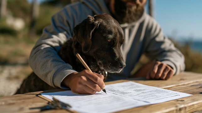 Dog owner reviews a reactive dog management behavior plan with a trainer at an outdoor picnic table in a quiet suburban park, printed desensitization charts and treat hierarchy