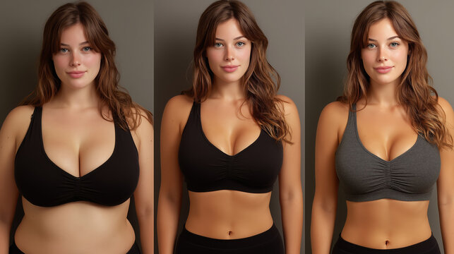 Comparison of a woman in three stages of weight loss, showing progress and body shape change.