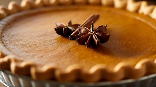 Closeup of pumpkin pie with star anise and cinnamon on top in baking dish transparent background