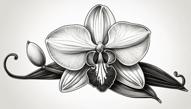 a refined sketch of a vanilla orchid featuring graceful flowing contours that highlight its petals leaves and pods in a minimalist style