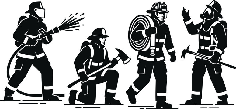 Group of brave firefighters with tools and water hose