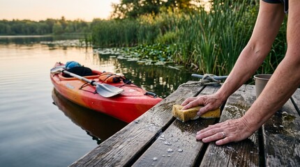 Obraz premium outdoor dock maintenance yellow sponge kayak reeds soft sunlight 