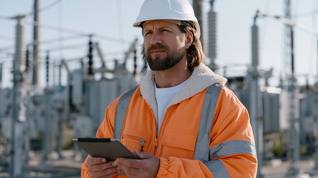 Transformer substation technician performing infrared thermal imaging inspection of high-voltage switchgear predictive maintenance electrical grid reliability utility