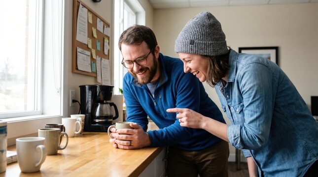 Cheerful couple laughing together and drinking coffee in a bright modern home kitchen