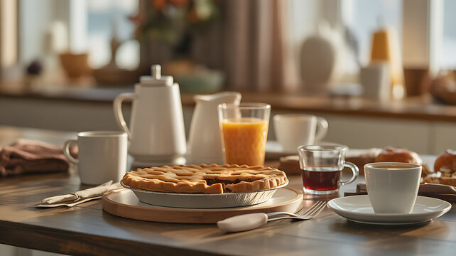 Breakfast table with pie cups and saucers on wooden table in kitchen interior transparent background