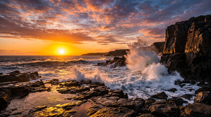 Fototapeta premium Ocean waves crashing against rocky cliffs at sunset