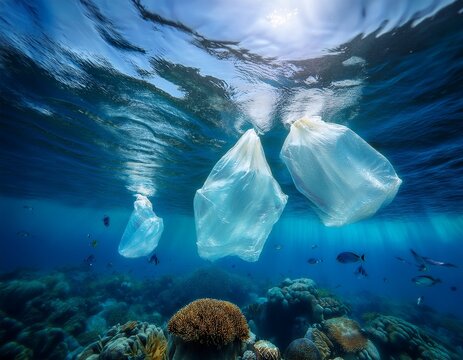 underwater life affected by drifting plastic bags in electric blue sea