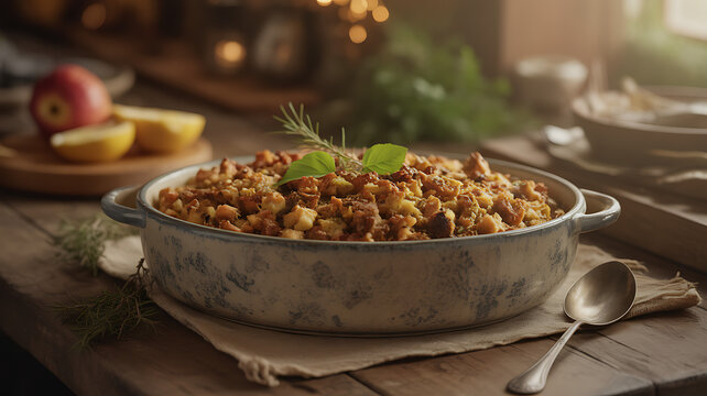 Delicious homemade breadbased stuffing in a baking dish on wooden table with herbs transparent background