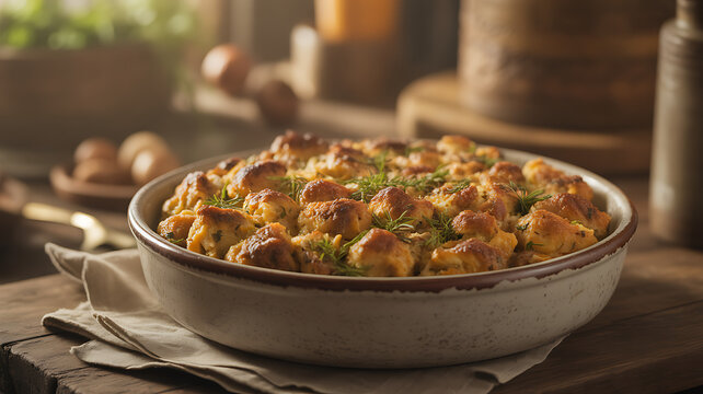 Delicious homemade stuffing in ceramic baking dish on wooden table with herbs transparent background