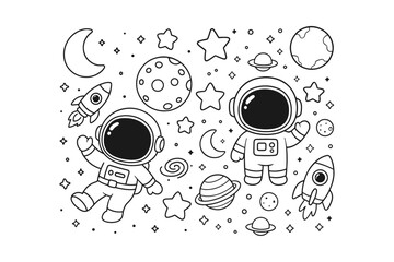 A cute black and white line art illustration featuring two happy astronauts surrounded by planets, rockets, stars, and moon shapes © BWKit