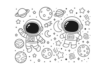 Cute cartoon astronauts floating in space with planets and stars drawn in a simple black and white line art style © BWKit