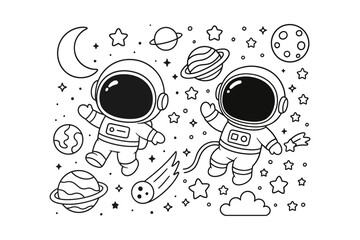 Two cute astronauts floating in space with planets and rockets drawn in a simple black and white line art style © BWKit