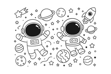 Cute doodle style astronauts floating in space with planets and stars drawn in a clean black and white line art © BWKit