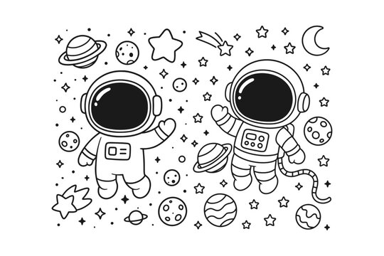 Two cute cartoon astronauts floating in space with planets and stars drawn in a clean black and white line art