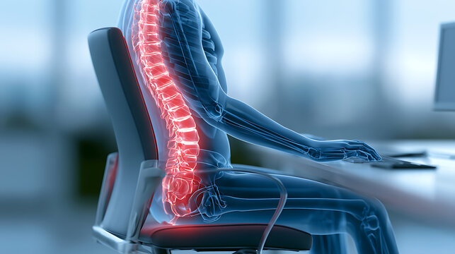 Human spine anatomy visualized with highlighted pain while person sit at a desk, illustrating discomfort or injury in the vertebral column
