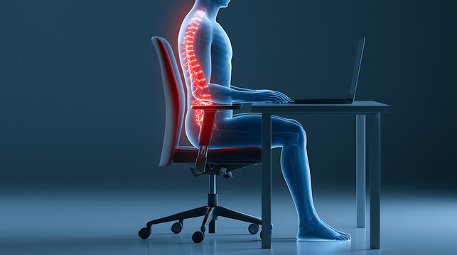 Illustration of human skeletal system with highlighted spine pain in a seated figure working at a desk on a laptop, emphasizing posture issues