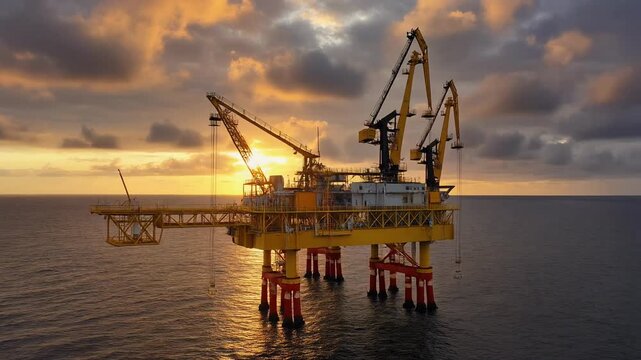 Offshore oil platform with cranes over ocean under dramatic sunset clouds
