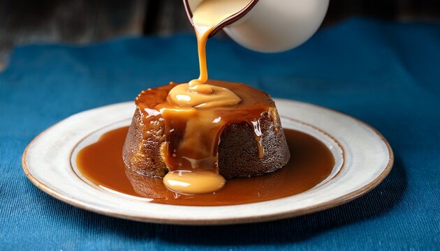 a warm custard poured generously over sticky toffee pudding