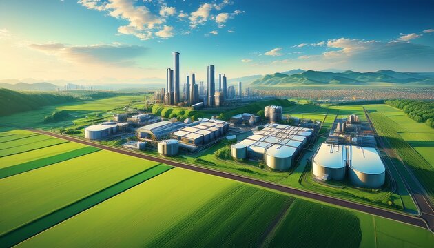 an aerial view of a large industrial complex surrounded by green fields and a cityscape in the distance