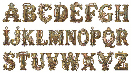 Naklejka premium Complete vintage decorative alphabet featuring ornate Victorian-style floral letters from A to Z. Monochrome ornamental typography collection, ideal for invitations, branding, posters, logos, certific