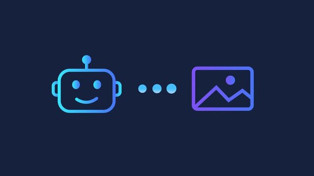 Animated motion graphics showing a smiling robot head icon connecting to a picture image frame via three loading dots. Concept of AI image generation, neural network art, and automated vision.
