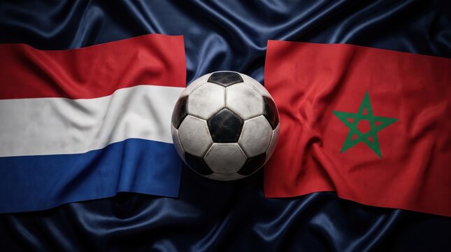 Soccer ball between the flags of the netherlands and morocco
