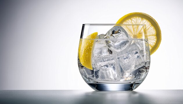 photorealistic glass of gin tonic with ice cubes and lemon slice refreshing drink white background