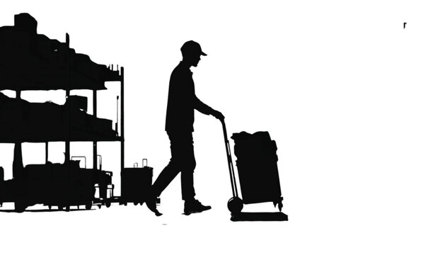 Warehouse employee moves a cart filled with goods past tall storage shelving units in a logistics center to demonstrate industrial efficiency and manual labor in a modern supply chain environment.