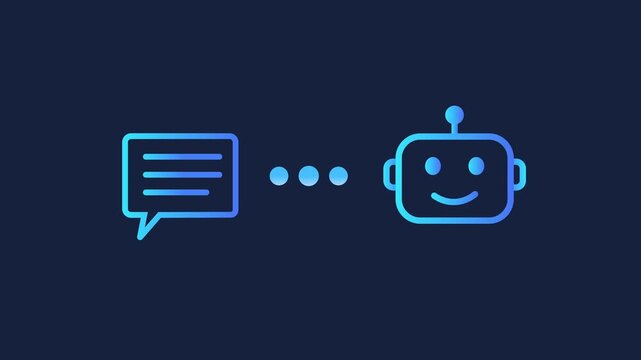 Animated motion graphics showing a digital text chat bubble icon connecting to a smiling robot head via three loading dots. Concept of AI chatbot assistant, customer support, and text generation.