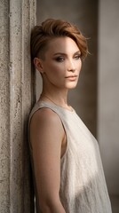 Fototapeta premium Young woman with short haircut leaning against a textured concrete pillar