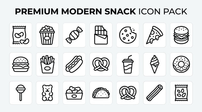 Modern snack food icon set featuring variety of delicious fast food items like hamburger pizza popcorn and various sweet treats rendered in clean linear style for digital menu.