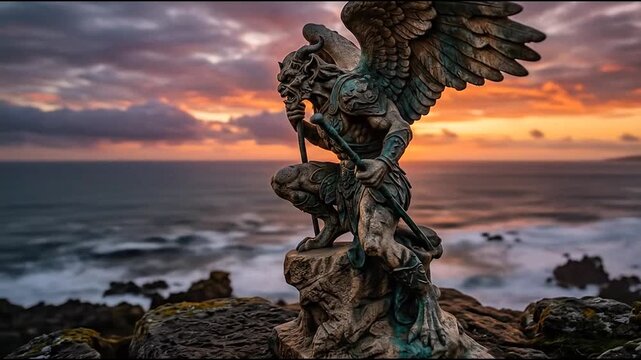 Winged demon statue on rocky coastal cliff at sunset