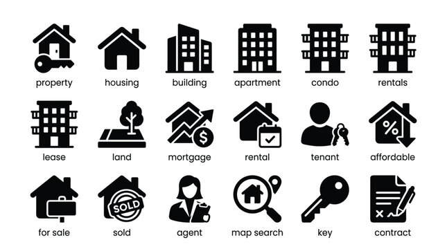 Real estate glyph icons set illustrating property housing building apartment condo rentals lease land mortgage rental tenant and affordable options.