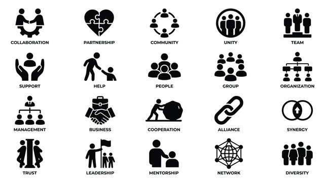 Set of black business management and team leadership icon vector symbols isolated on white background depicting organizational structure communication cooperation development concepts.