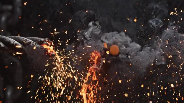 Dynamic image capturing sparks flying outward from a central point with intense brightness and motion