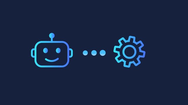Animated motion graphics showing a smiling robot head icon connecting to a rotating digital gear cog via three loading dots. Concept of artificial intelligence processing, automation, and tech setup.