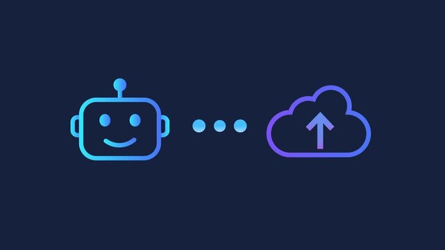 Animated motion graphics showing a smiling robot head icon connecting to a cloud storage icon with an upload arrow via three loading dots. Concept of AI cloud computing, backup sync, and data uploadin