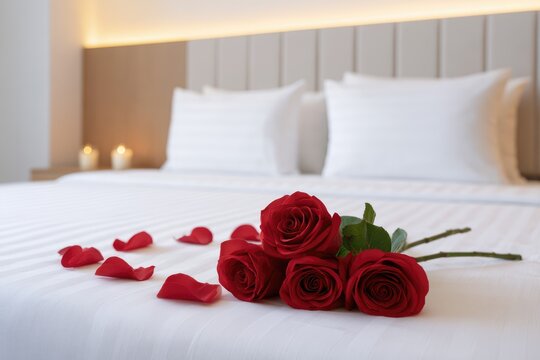 Romantic Red Roses on Hotel Bed with Rose Petals Luxury Honeymoon Room Decoration