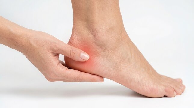 Woman's hand touching painful ankle with highlighted red area indicating discomfort, common symptom of achilles tendonitis or sprain, on white background.