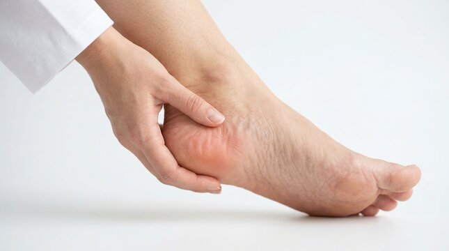 Woman's hand touching bottom of foot near heel with highlighted red area, indicating pain or plantar fasciitis, on white background.