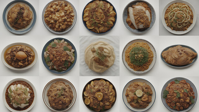 Variety of traditional Asian dishes with meat and vegetables on plates  culinary delights transparent background