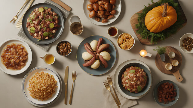 Variety of traditional holiday dishes served on table with pumpkin and lit candles overhead view transparent background