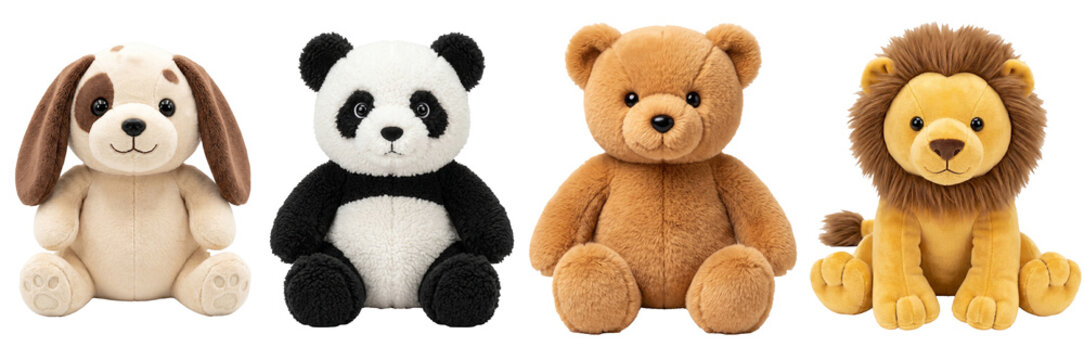cute plush stuffed animals set with dog panda teddy bear and lion toys isolated png transparent background soft plushies clipart collection