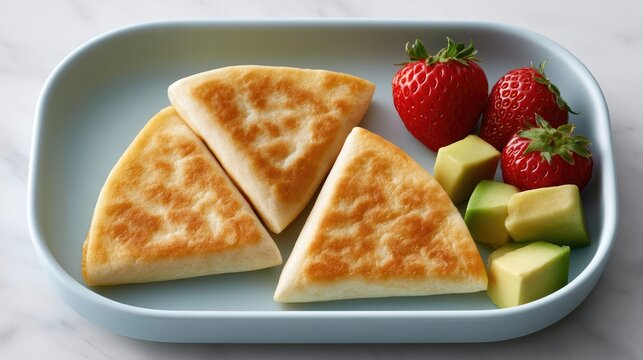 Golden Grilled Triangular Flatbread Sandwiches with Fresh Strawberries and Avocado on Minimalist Plate