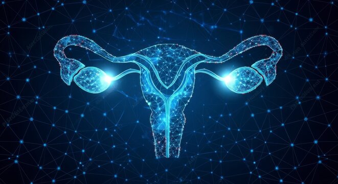 Glowing digital uterus and ovaries on dark network background, symbolizing gynecology, female reproductive health, fertility, IVF and modern medical technology.