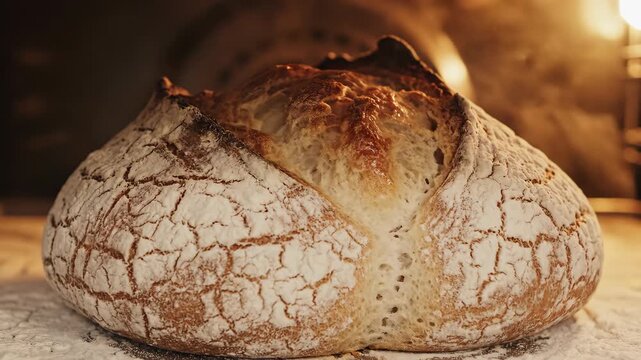 Artisan bread baking in oven with rising crust and glowing heat in slow motion. Perfect for bakery ads, cooking tutorials, food blogs