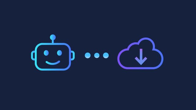 Animated motion graphics showing a smiling robot head icon connecting to a cloud storage icon with a download arrow via three loading dots. Concept of AI cloud computing, data sync, and downloading